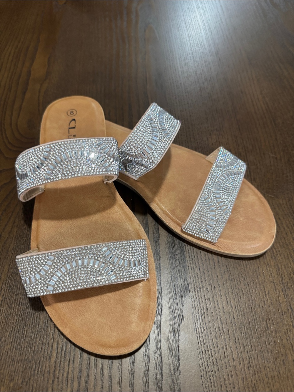 CL by Laundry Silver Crystal Double-Strap Slide Sandals with Tan Footbed